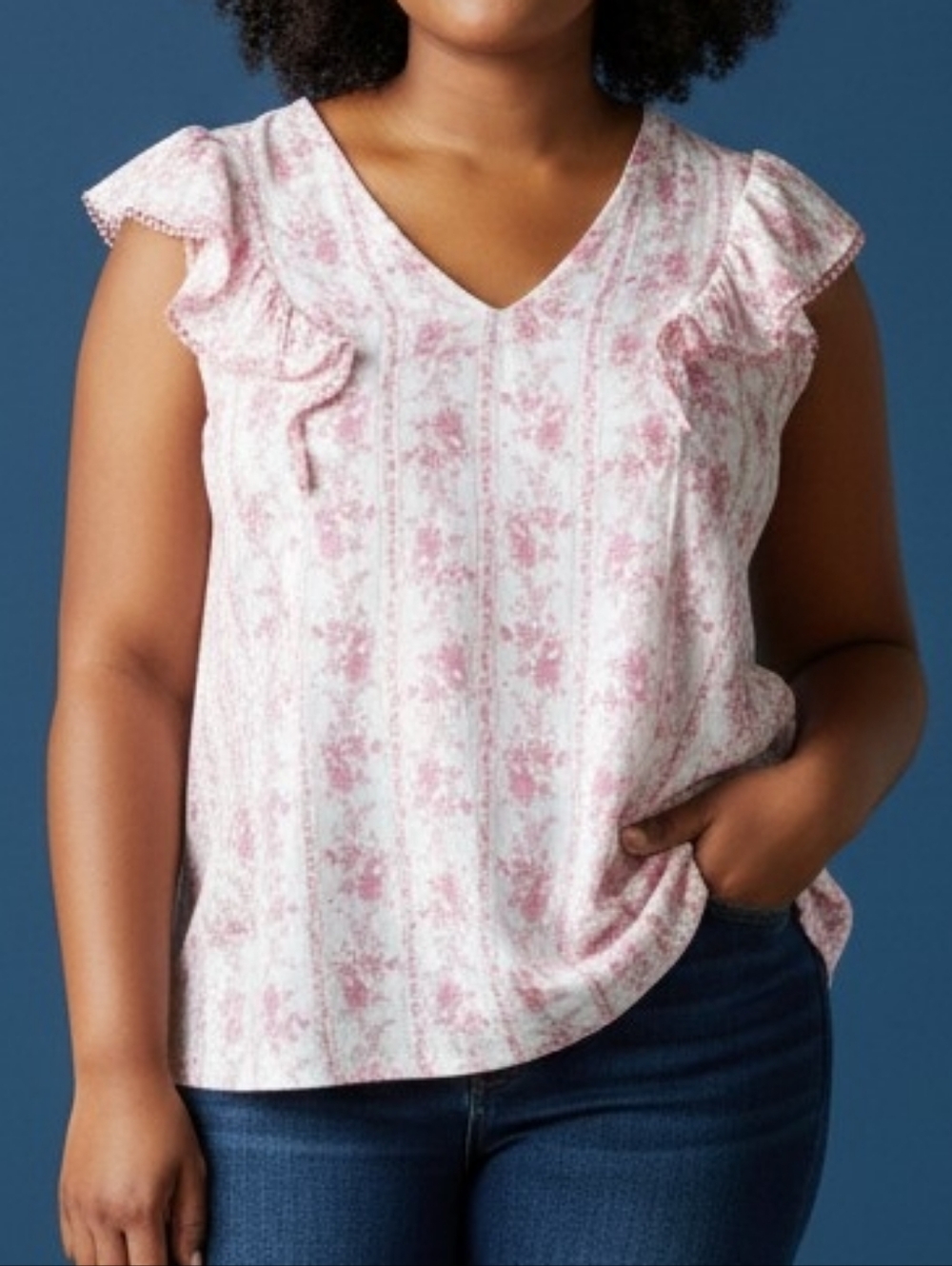 Women's Pink Floral Ruffle Sleeve Blouse